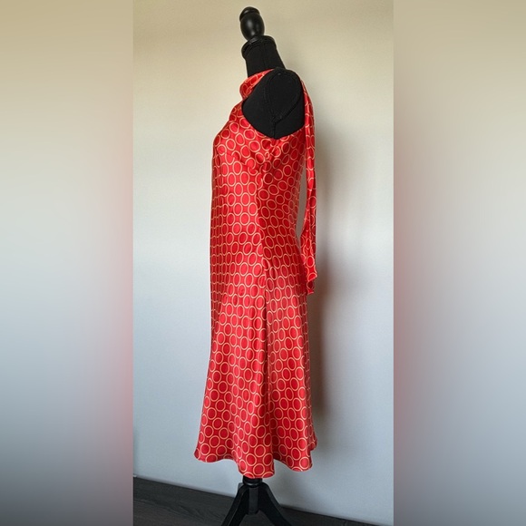 New Women’s Donna Ricco Silk Tie Neck Dress in Orange With Gold Circles Size 6P - Picture 3 of 16